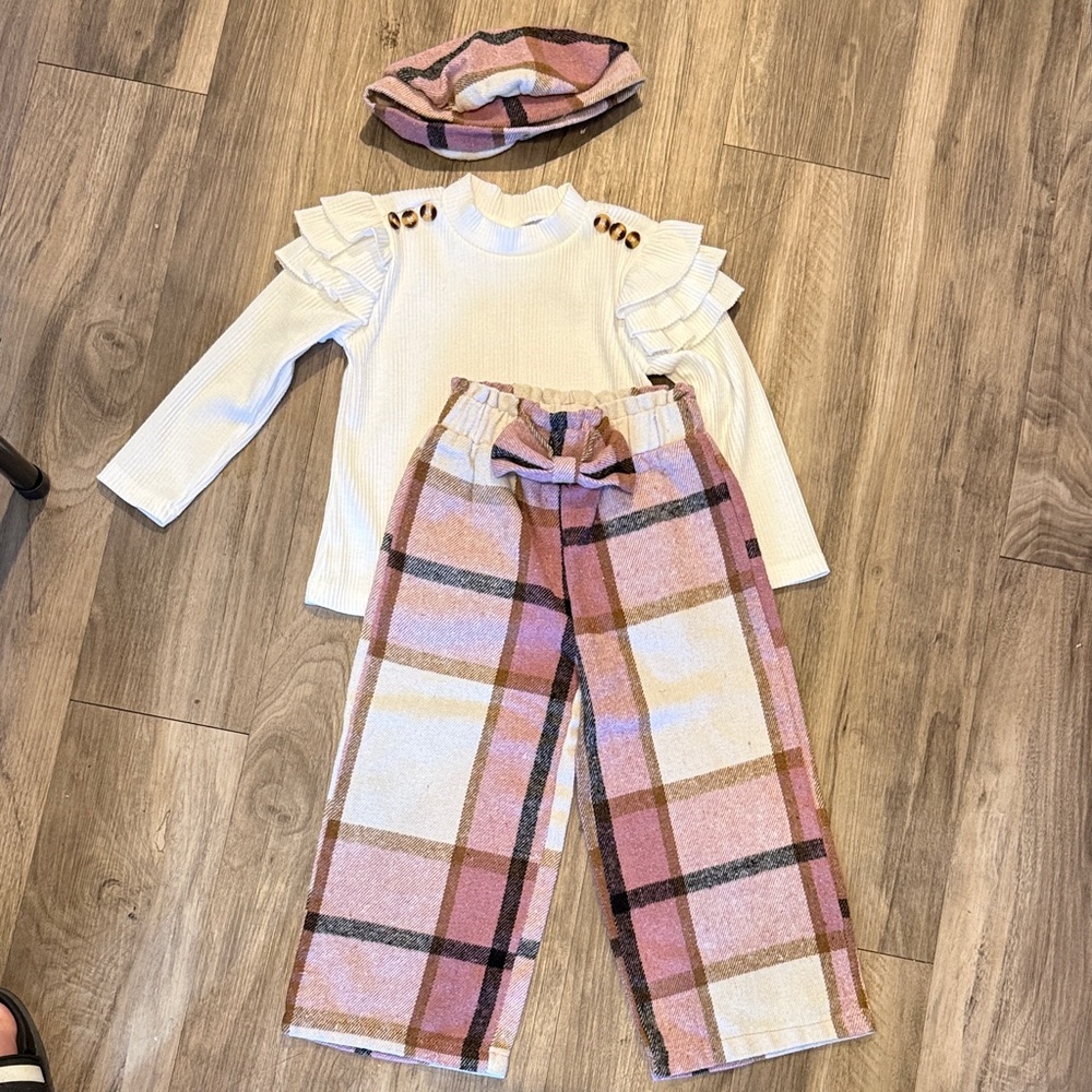 Plaid Pants and Ruffled Top Set with Beret